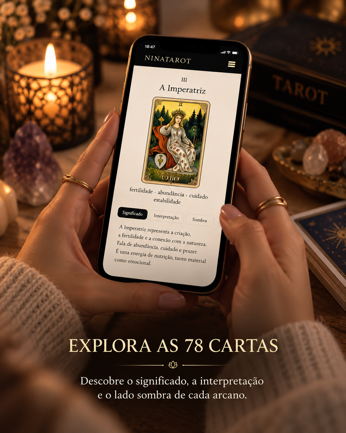 Carta A Imperatriz aberta no telemóvel, com significado, interpretação e sombra