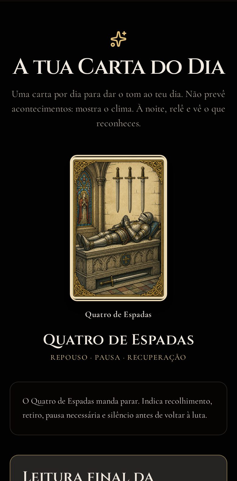 Ecrã da app NinaTarot com a Carta do Dia e a interpretação da carta